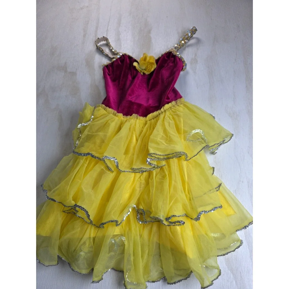 Kids Dance Tutu Leotard Dress Velvet Sequin Fairy Ballet Costume Magenta Yellow